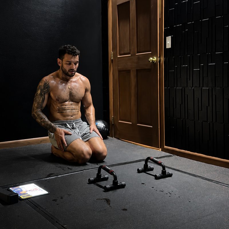 Austin, founder of Clocked In, in his home gym
